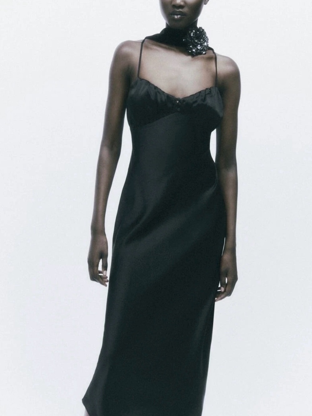 Zara Black Satin Slip Dress with Spaghetti Straps